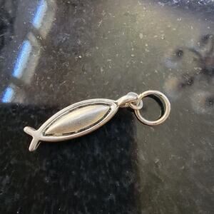 Vintage Charm Ichthys Fish Pendant Silver Tone Black Enamel Inlay Small Mini Tag